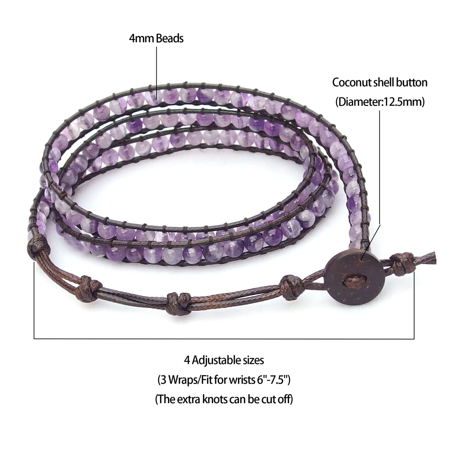 Ayriwoyi Wrap Bracelets for Women Amethyst Bracelet Healing Crystal Beaded Stone Bracelet Womens Wrap Bracelet Adjustable Leather Bracelets For Women