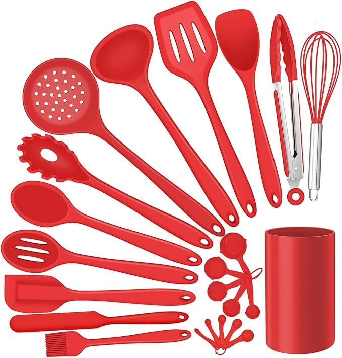 Silicone Kitchen Utensils Set, E-far 23 Pcs Red Cooking Utensils Tools with Holder for Nonstick Cookware, Include Spatula/Spoon/Ladle/Tongs/Turner, Heat Resistant & Nontoxic, Dishwasher Safe