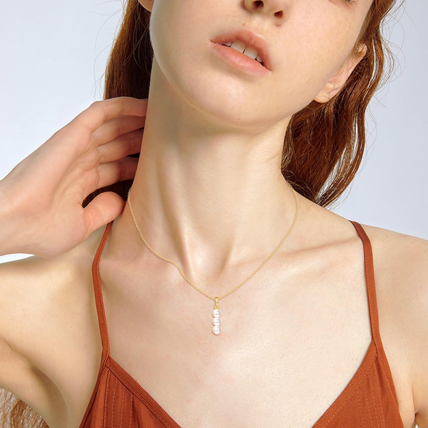 14K Yellow Gold Pearl Necklace for Women,Natural Freshwater Cultured 3 Pearl Necklace Gold Jewelry Gift (05-3 Pearl (6MM) Necklace)