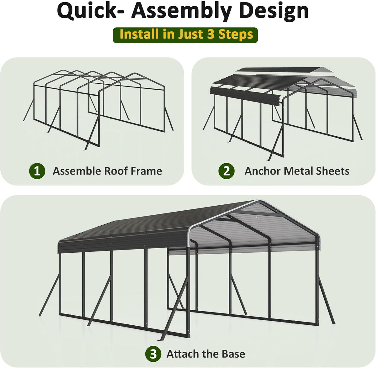 Carport 12x20 FT Heavy Duty Carports Canopy with Updated Frame Structure Galvanized Steel Roof and Enhanced Base, Metal Carport Garage for Pickup, Boat, Car and Tractors