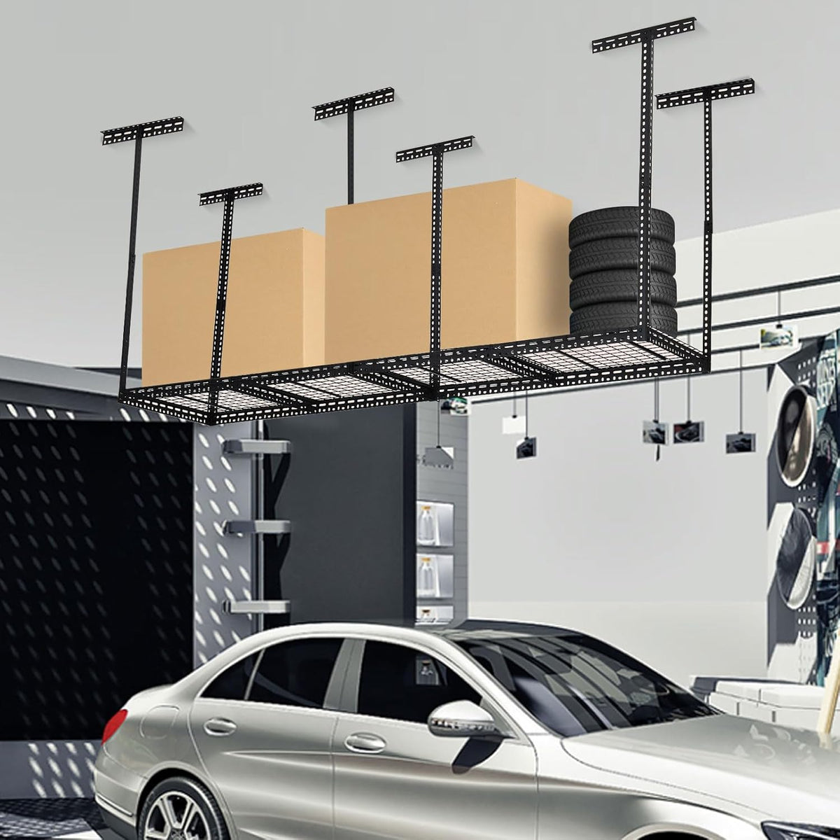 Overhead Garage Storage Rack, Heavy Duty Ceiling Storage Racks for Garage, Adjustable Height, 660LBS Weight Loading,2x8 FT Hanging Organizer Shelving for Warehouse Basement, Black