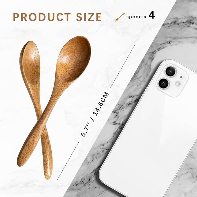 4 PCS Small Wooden Spoons, 5.8 Inch Honey Spoons for Tea, Acacia Wooden Honey Teaspoon for Coffee, Little Tiny Wood Spoons, Bamboo Table Spoon for stirring, Wooden Spoons for Utensils Set
