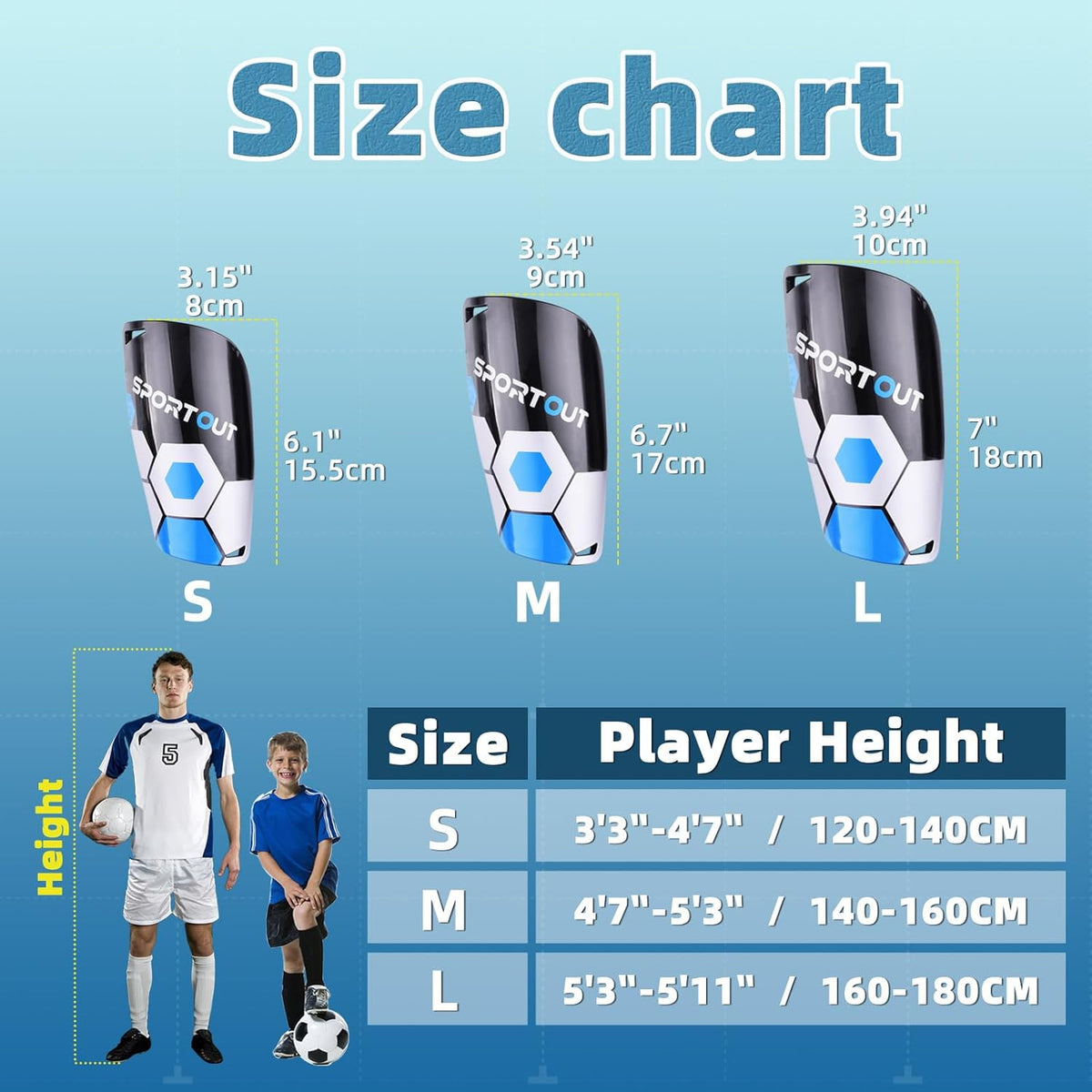Sportout Soccer Shin Guards - Shin Guards Soccer Kids Youth Adult Protective Shin Pads with Sleeves and Insert Pocket for Boys Girls for Age 4-6, 6-8, 8-10,10-12,12-14,14-Adult