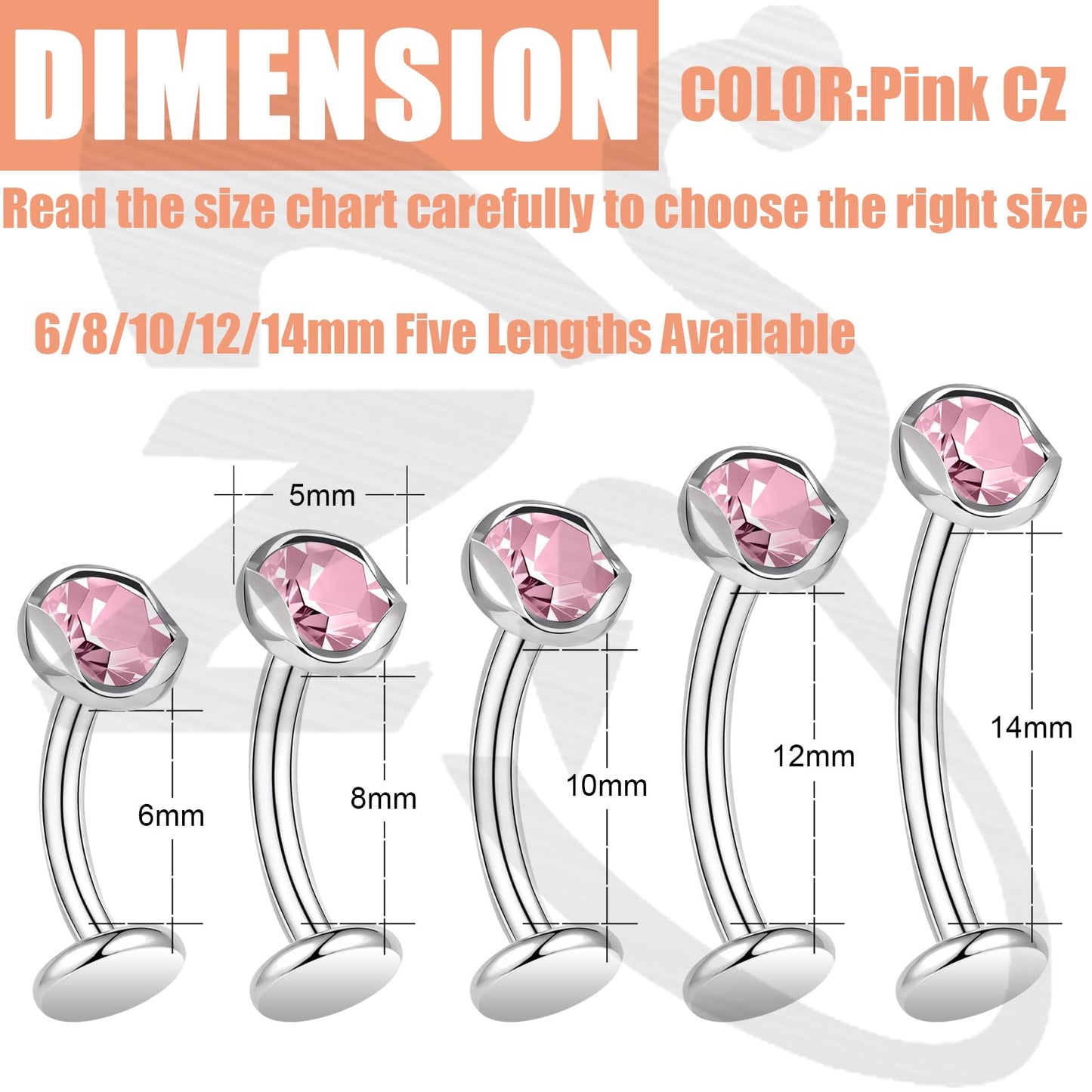 ZS ASTM F136 Titanium Belly Button Ring, 14G Cubic Zirconia Navel Jewelry, 6/8/10/12/14MM Internally Threaded Long Bar Navel Barbell Stud Flat Back Belly Piercing (Pink,L:14mm)