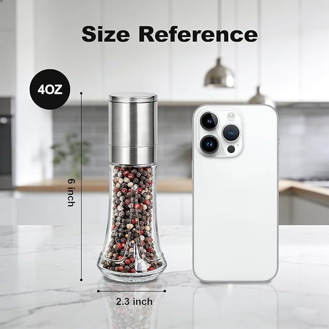 Aelga Pepper Grinder with Silicone Funnel - 4oz Glass Manual Mills with Adjustable Ceramic Core, Refillable Kitchen Gadget