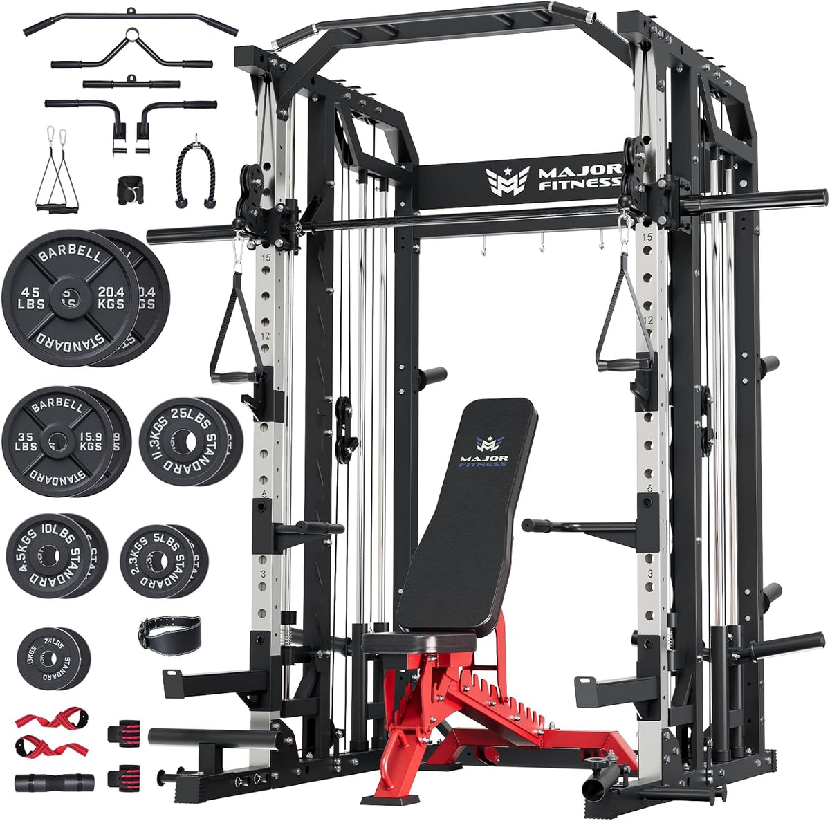 Major Fitness Drone2 Smith△ Machine – All-in-One Home Gym Squat Rack with Weight Bar, Dual LAT Pull-Down Systems & Cable Crossover Machine for Full-Body Workouts