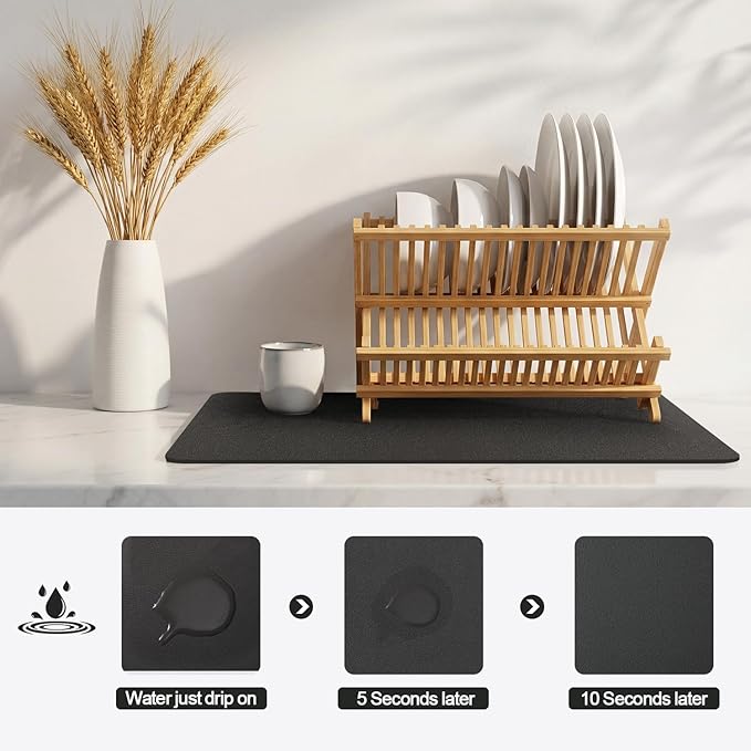 Ecotrim - Dish Drying Mat for Kitchen Counter | Coffee Bar Mat for Countertops | Heat Resistant Drainer Mat with Non-slip Rubber Backed | Hide Stain Kitchen Absorbent Draining Mat | Black 16"x24"