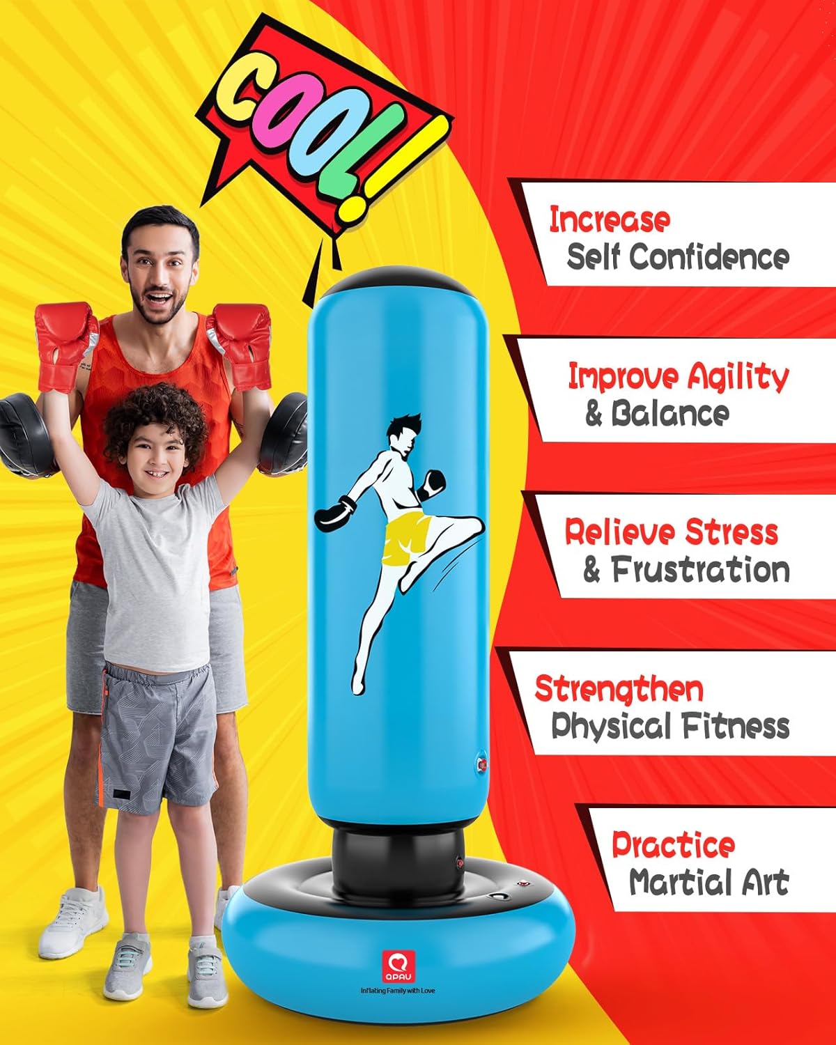 QPAU Kids Punching Bag Toy with Boxing Gloves, 66 Inch Larger Stable Kids Inflatable Boxing Bag Set, Gifts for Boys & Girls Age 6-12, for Practicing Karate, Taekwondo, MMA