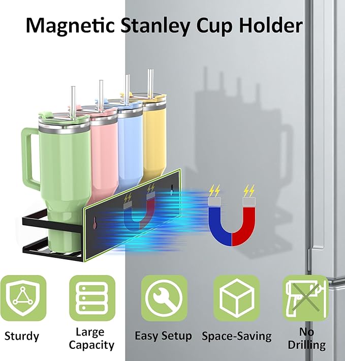 SMRCAD 4 Pack Magnetic Water Bottle Holder for Refrigerator,Stanley Cups Storage Holder Tumbler Organizer Fits 20/30/40 oz for Any Metal Surface No Drilling Needed