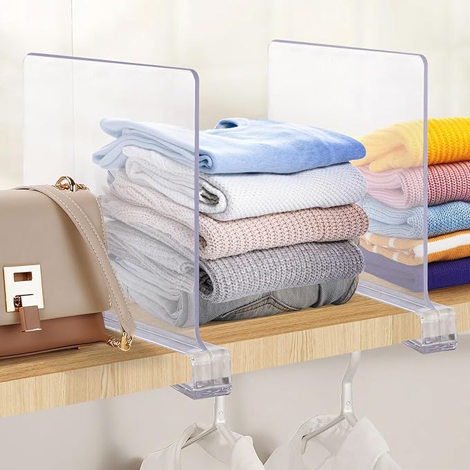 JOY DECOR 12 Pack Acrylic Clear Shelf Dividers for Closets Organizer and Storage Adjustable Vertical Wood Shelf Closet Separators for Clothes,Book,Bags in Bedroom and Kitchen