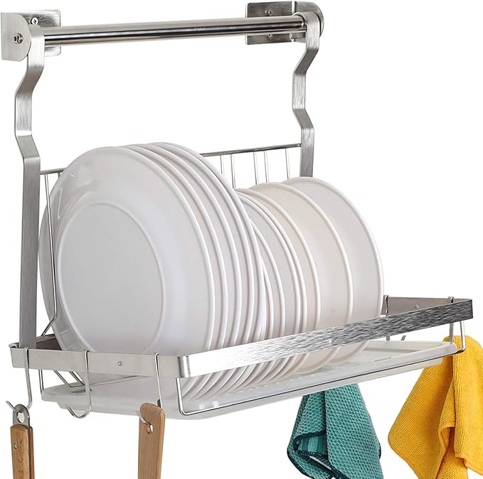 TQVAI Over Sink Dish Drainer Drying Rack, Stainless Steel Foldable Wall Mounted Dish Racks with Drainboard Hanging Rod and Sponge Holder, Silver