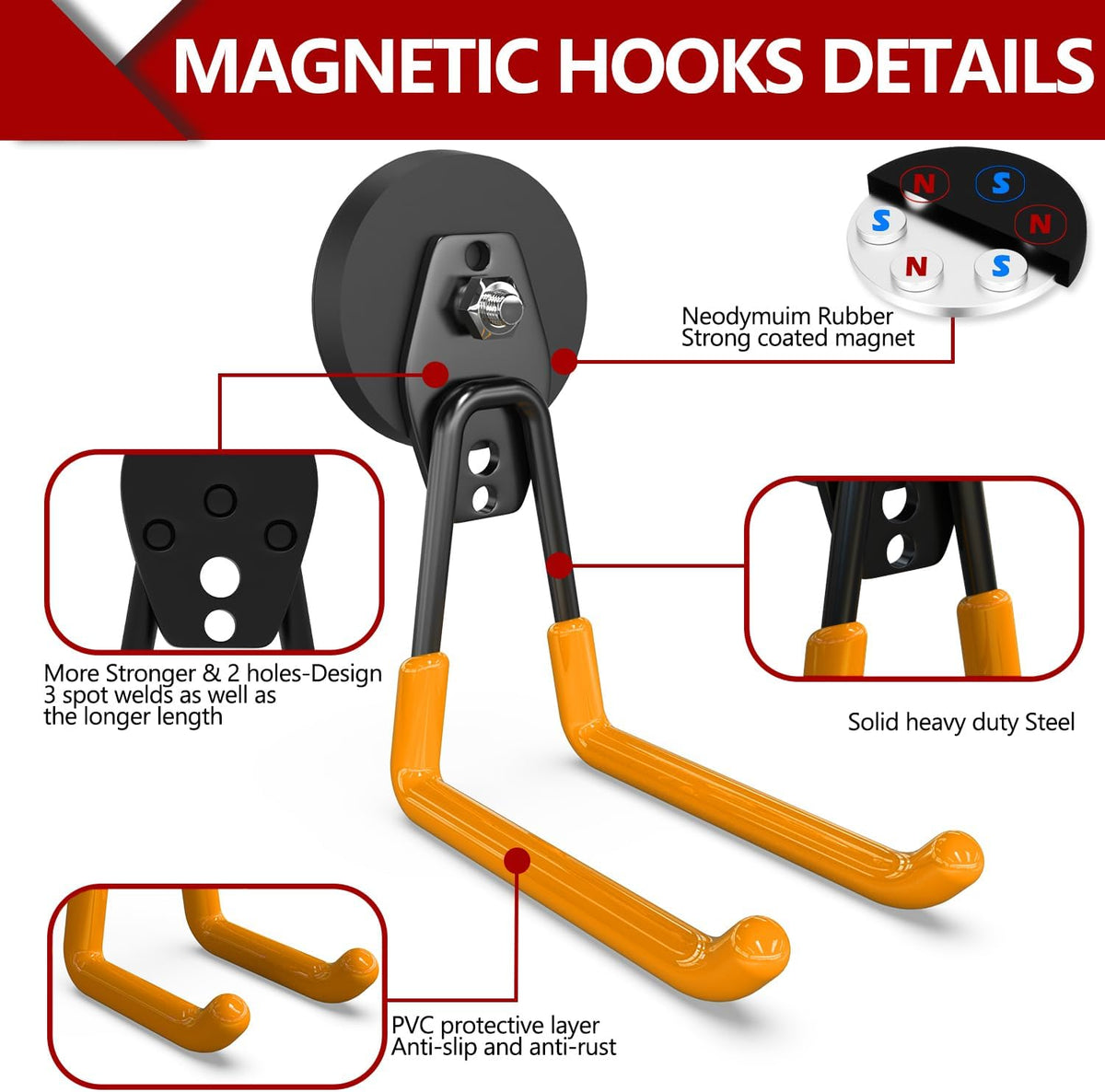 3-H Heavy Duty Magnet Garage Hooks 4 Pack, Extra Large Strong Magnetic Hooks for Hanging Cordless Power Drill, Utility Magnetic Tool Holder for Metal Cabinet, Steel Pegboard, Toolbox, Garage(Orange)