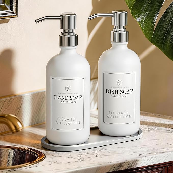 White Glass Soap Dispenser Set of 2, 16oz Hand and Dish Soap Dispenser for Kitchen & Bathroom, Silver Stainless Steel Pump, Non-Slip Base, 14 Waterproof Labels, Minimalist Decor