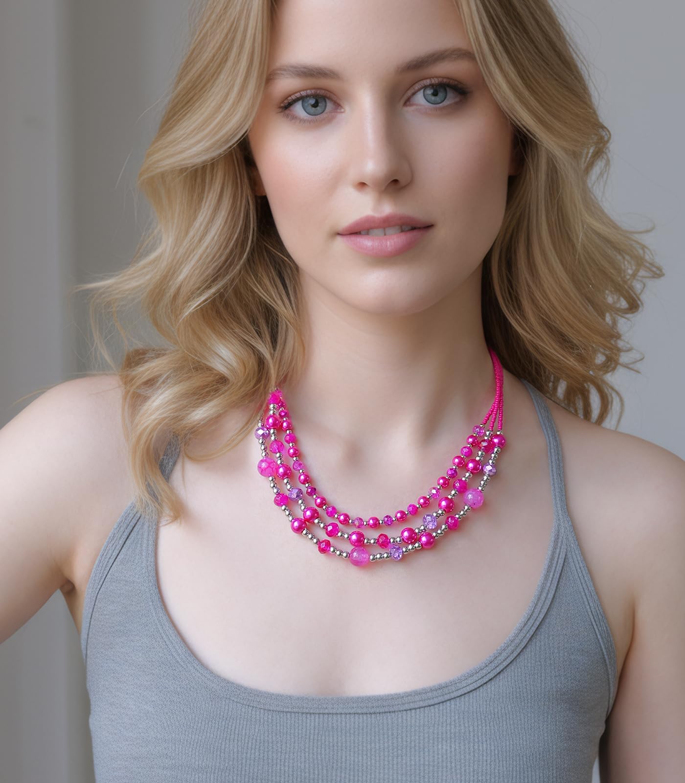 Noessla Beaded Statement Necklaces for Women Layered Chunky Bead Necklace Fashion Costume Jewelry Gifts for Mom(Hot Pink)