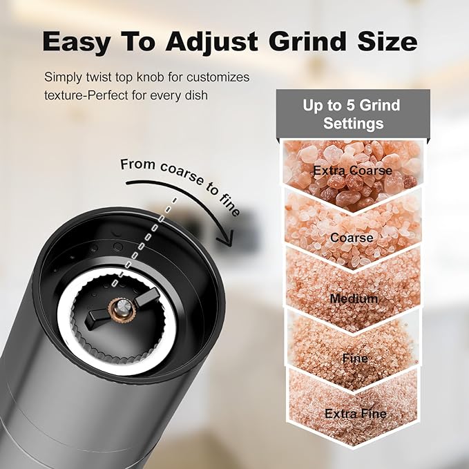 Aelga Salt Grinder Refillable - 4oz Manual Stainless Steel Salt Mill with Wood Lid, 5-Level Adjustable Coarseness, Silicone Funnel