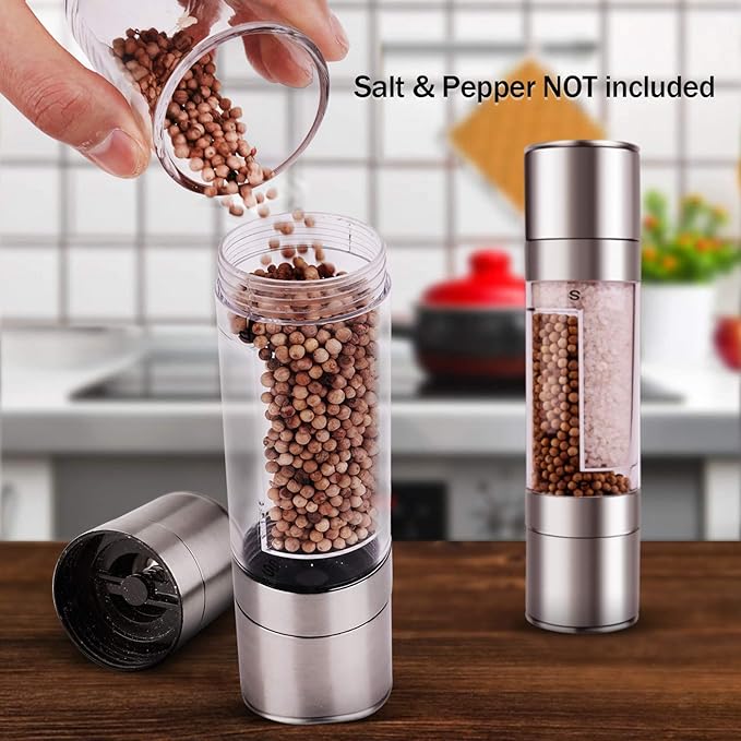 Mixoo Salt and Pepper Grinder - 2 in 1 Manual Stainless Steel Salt Pepper Mill Herb Spice Grinder Shakers Refillable with Adjustable Coarseness Ceramic Rotor and Dual Clear Acrylic Chamber