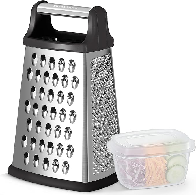 Ourokhome Cheese Grater, Handheld Box Grater with Container & Lid, 4-Sided Stainless Steel for Kitchen, Wavy Julienne, Slicer, Coarse Shred & Fine Zester, Non-Slip Base, Dishwasher Safe, 8 Inch
