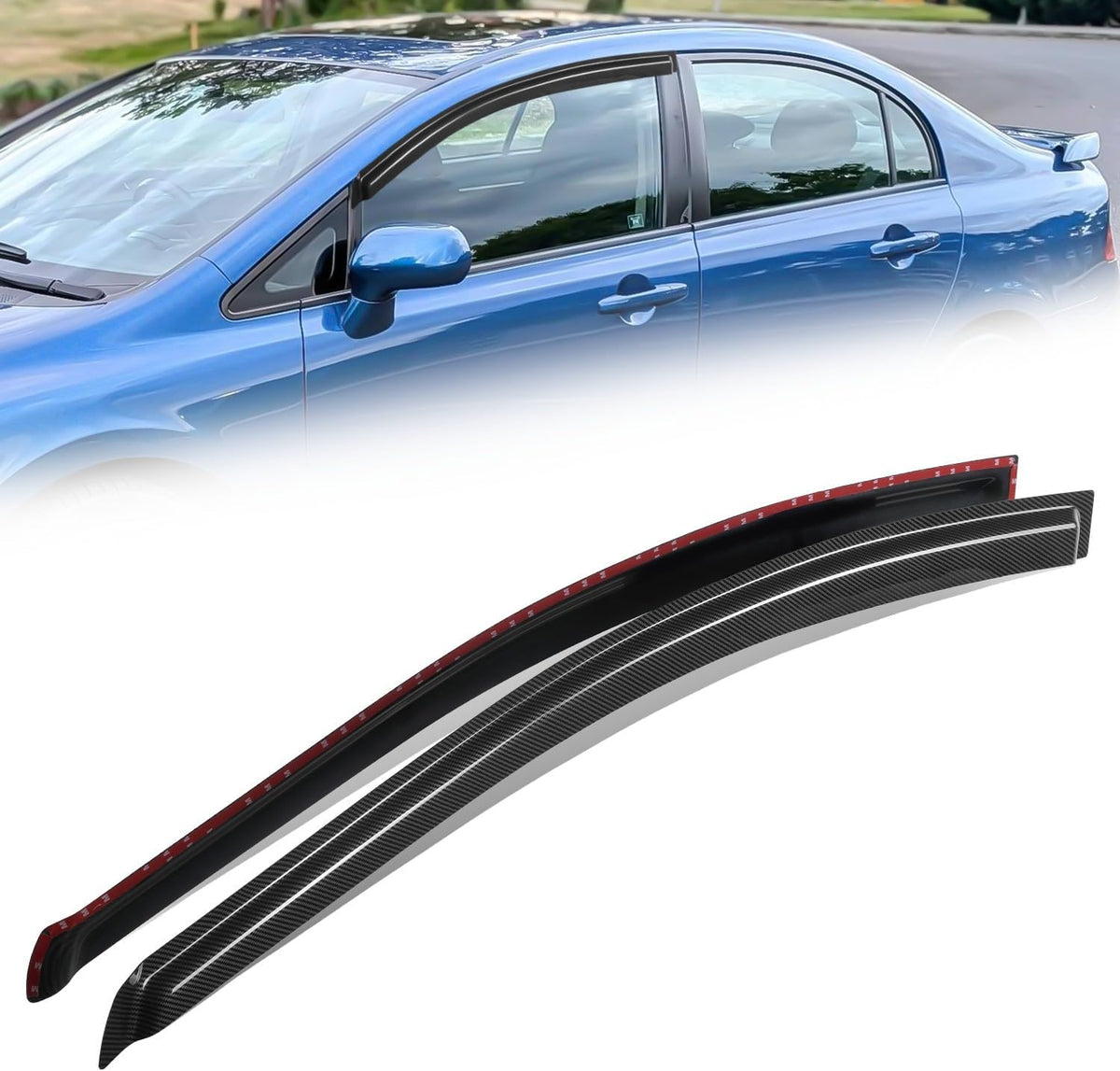 Auto Dynasty 2Pcs Carbon Fiber Pattern Window Visors Compatible with 2006-2011 Honda Civic Coupe, Tape-On Front Window Deflectors Rain Guards Sun Wind Air Side Vent Shade, Glossy Black