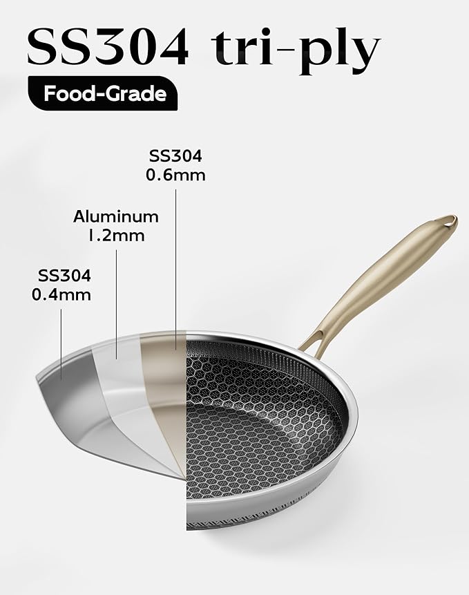 Nonstick Frying Pan with Lid 10-Inch, Durable Stainless Steel Skillet, Induction Cooktop Compatible, PFOA-Free Scratch-Proof, Dishwasher & Oven Safe, Stay-Cool Handle, Silver Kitchen Cookware