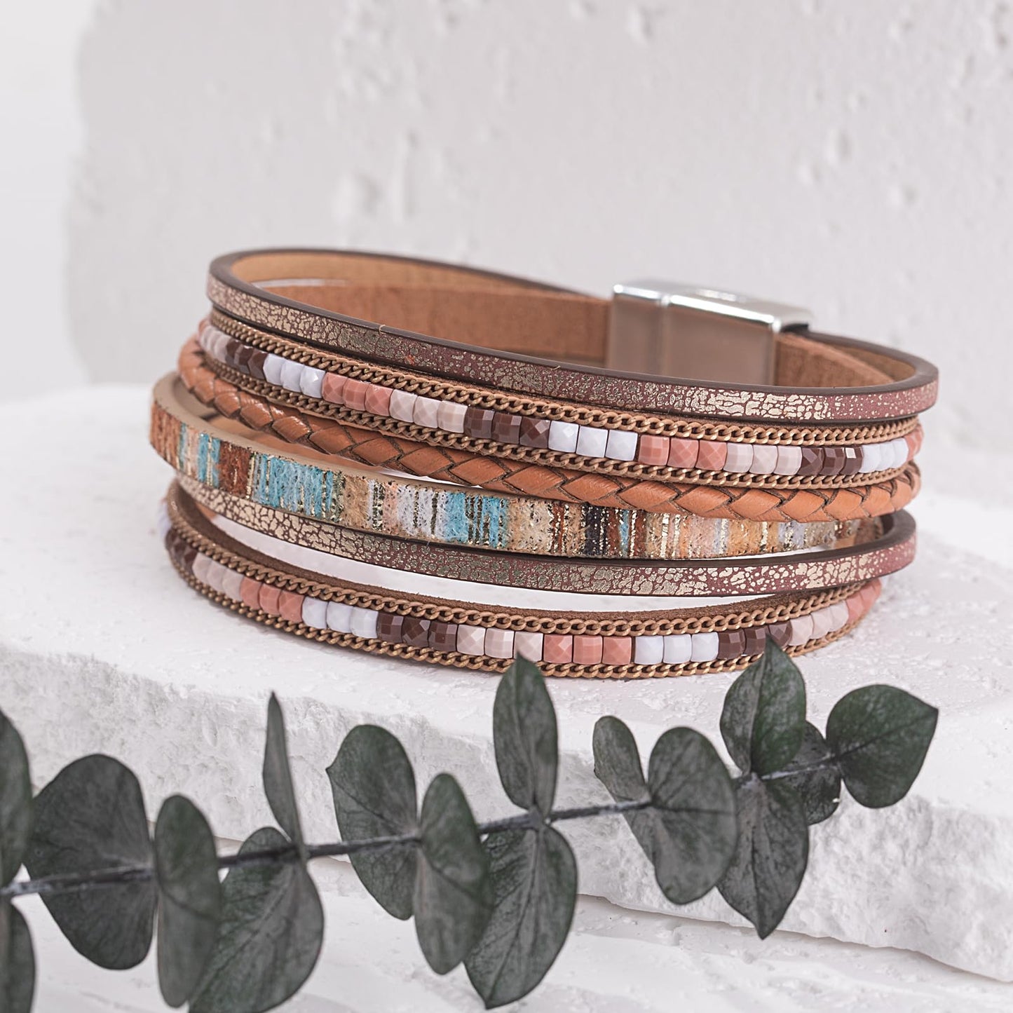 FANCY SHINY Boho Leather Wrap Bracelets Trendy Layered Bracelets with Magnetic Clasp Strackable Bohemian Cuff Jewelry Gifts for Women(Brown)