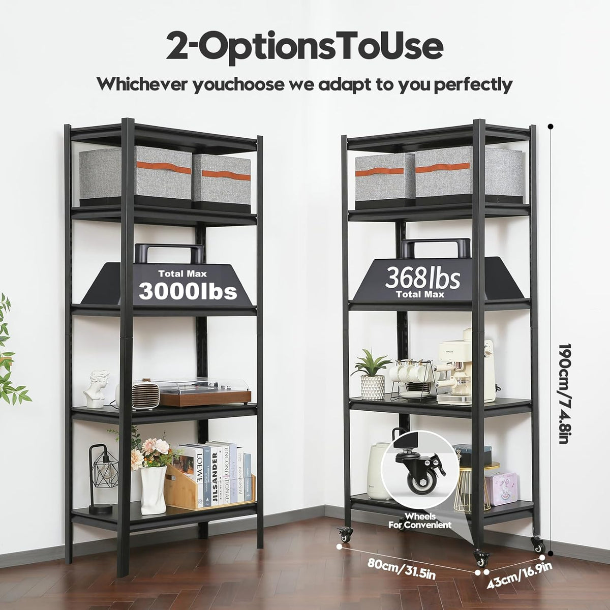 Kitchen Shelving with Lockable Wheels - 5-Tier Space-Saving Metal Shelves 72" H X 31.5" W X 17" D, Heavy Duty Adjustable Storage Shelf for Living Room/Home Office/Pantry