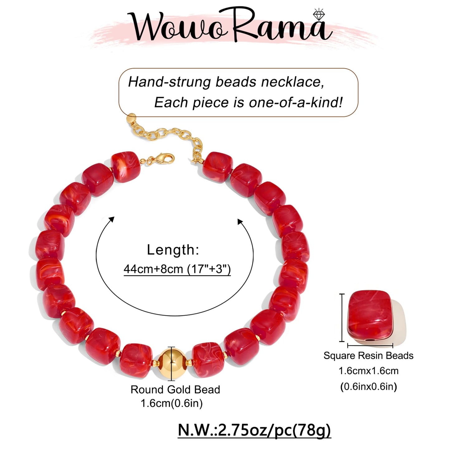 WOWORAMA Chunky Beaded Choker Necklace for Women Deep Red Large Square Resin Beads Necklace Trendy Statement Chunky Necklaces Holiday Party Jewelry