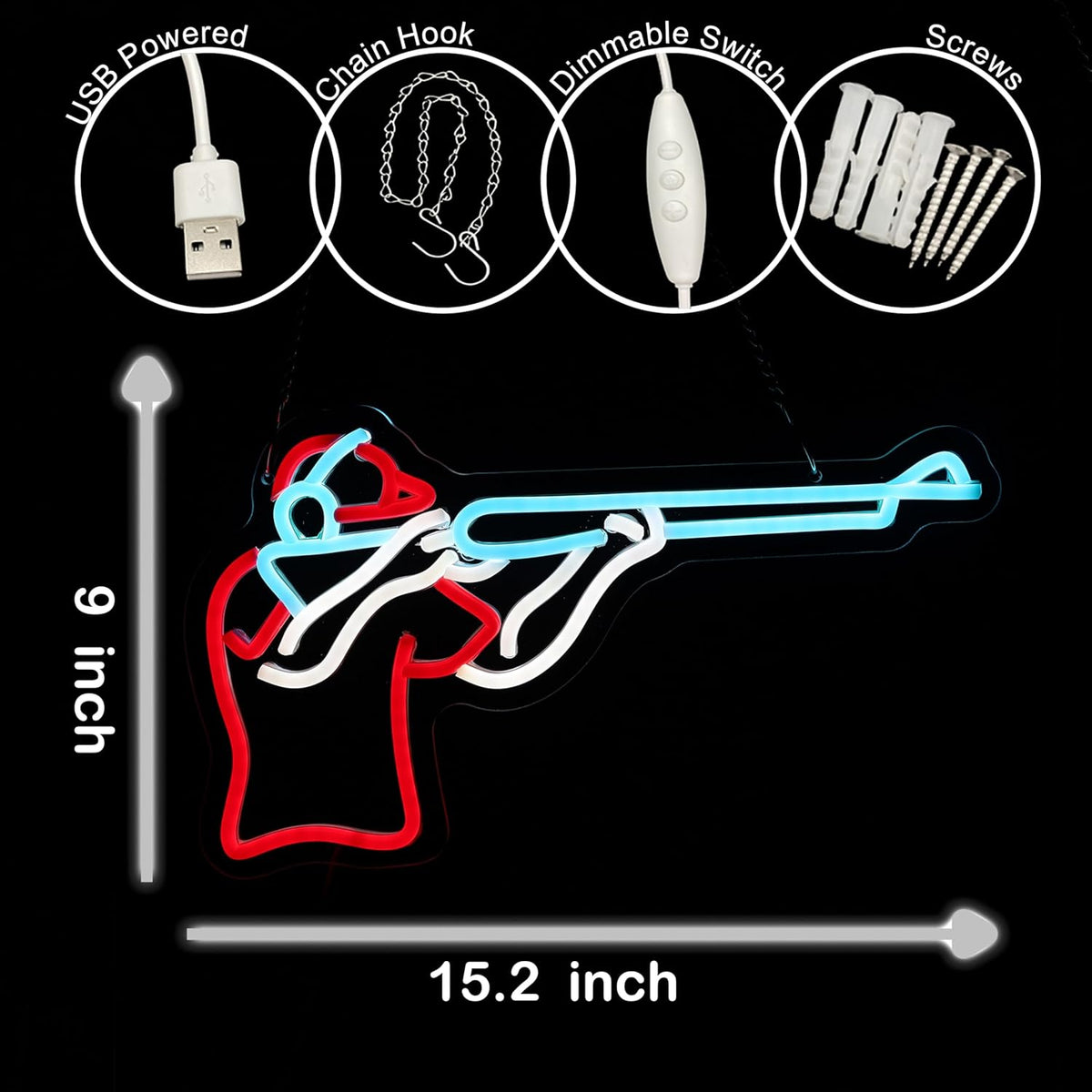 Man Shooting Neon Sign Nerf Sniper Rifle Light Up Sign Shooter Gifts Gun Player Light Sign Dimmable LED Sign for Gun Club Decor Man Cave Game Room 15.2"×9"