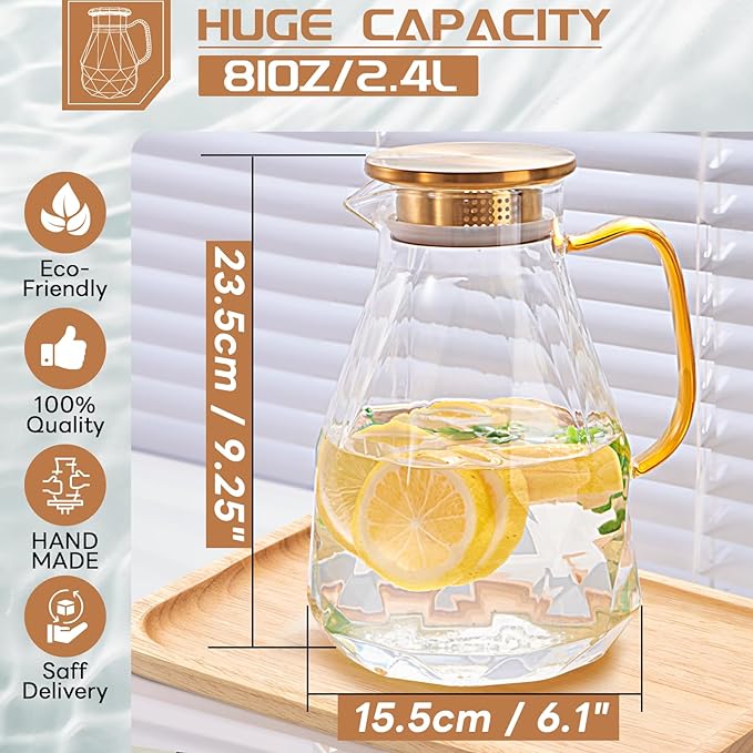 Yirilan Glass Pitcher, 2.4Liter Water Pitcher With Lid, Iced Tea Pitcher for Fridge, Glass Water Carafe With Lid, Glass Water Jug, Large Drink Pitcher For Juice, Milk, Cold Or Hot Beverages, 2400ML