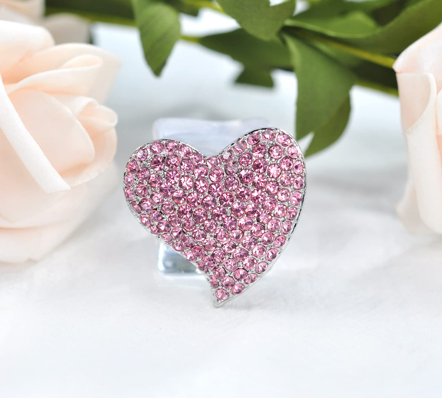 Gyn&Joy Silvery Tone Austrian Crystal Love Heart Brooch Pin BZ264 (Pink)