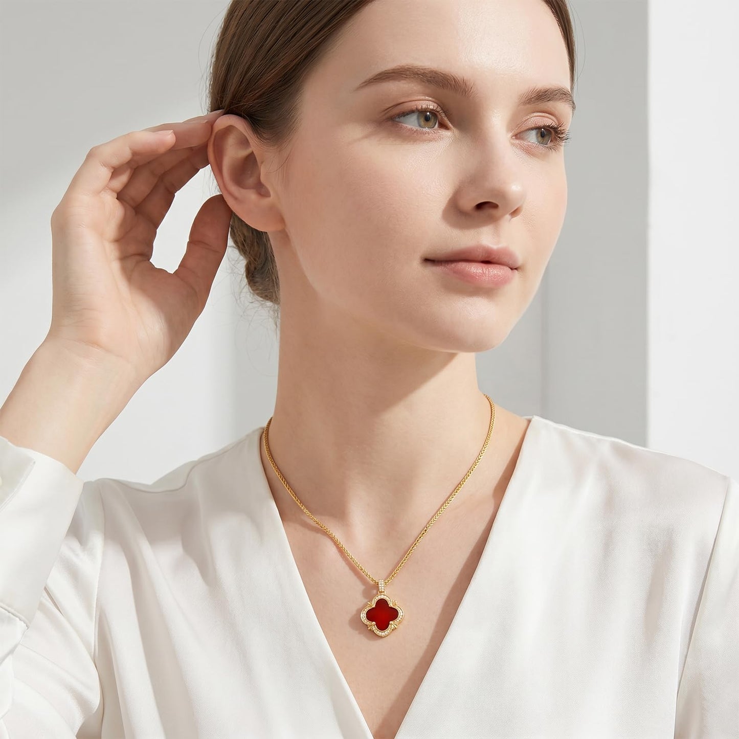 Tessalyn Four Leaf Clover Necklace for Women Gold Plated Lucky Red Agate Pendant with Sparkling Zirconia Elegant Jewelry for Daily Wear and Parties Gift Box Included