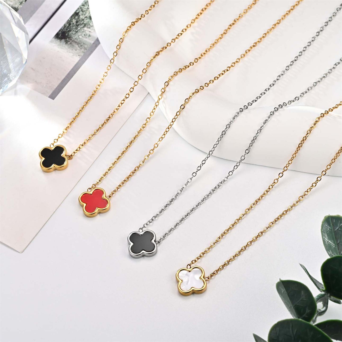 KYJAC Clover Jewelry Set - 18k Gold Plated Pendant Necklace and Stud Earrings - White, Black, Red Four Leaf Clover Design - Gifts for Women (Gold Black Set)