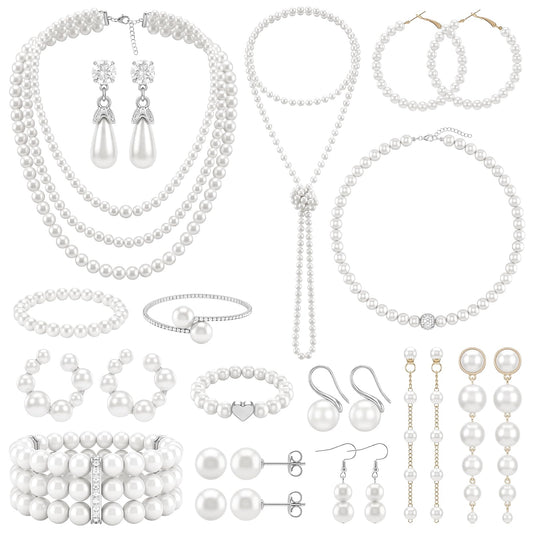 Huwena 15 Pcs Pearl Jewelry Set with Necklace, Earrings, Bracelets and Ring, Pearl Necklaces for Women, Faux Pearls Set Jewelry for Wedding Bridal Shower Christmas Tea Party