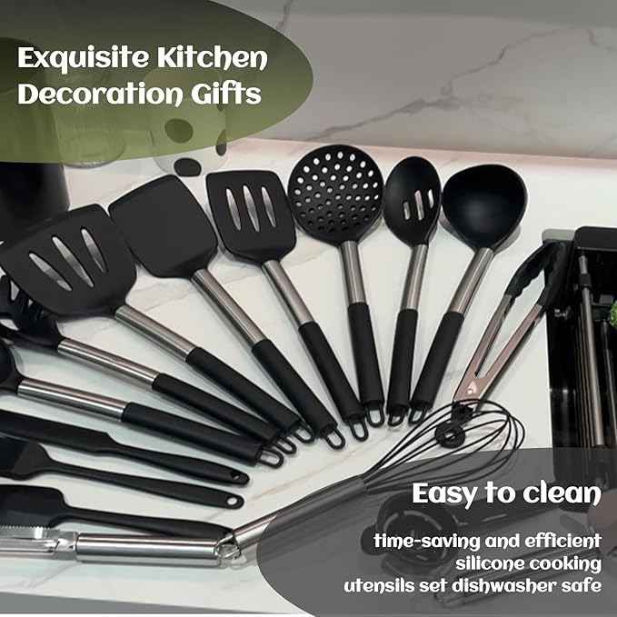 40 Pcs Kitchen Utensils Set Silicone Cooking, 446℉ Heat Resistance Stainless Steel Metal, Spaghetti Spoon Cookware Utensils, Rubber Tools Nonstick Kitchenware Can Dishwasher Safe