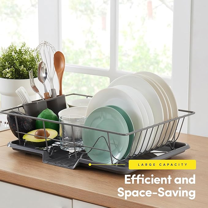 Sweet Home Collection Space-Saving 3-Piece Dish Drainer Rack Set: Efficient Kitchen Organizer for Quick Drying and Storage - Includes Cutlery Holder and Drainboard - Maximize Countertop Space, Gray