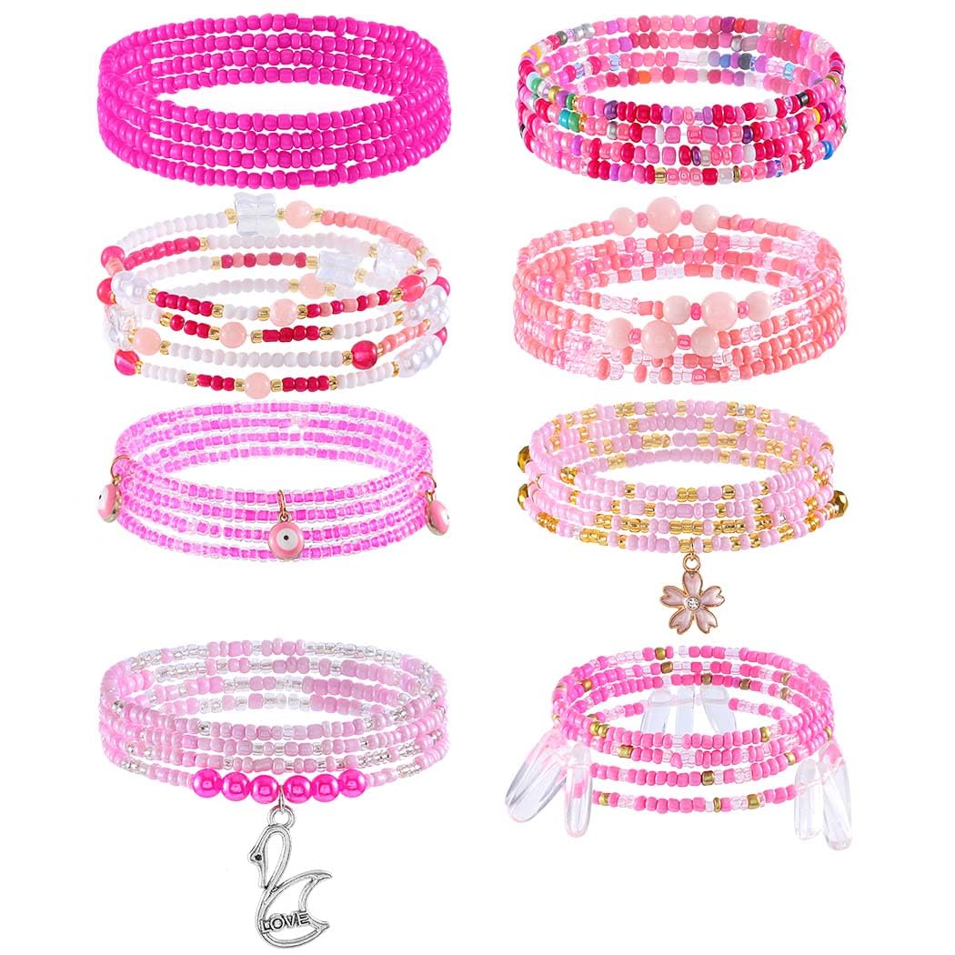 ELABEST 24-39inch African Waist Beads for Women 8Pcs Elastic Belly Beads Colorful Beaded Waist Jewelry Accessories Body Chain (Pink, 39.3inch/100cm)