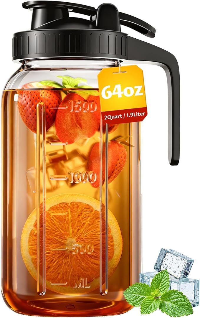 64 oz Mason Jar Pitcher – Airtight & Leakproof Glass Pitcher with Lid, Perfect for Iced Tae, Sun Tea, Cold Brew, Breastmilk, 2 Quart (1/2 Gallon) Mason Jar with Pour Spout Lid Flip-Cap & Handle