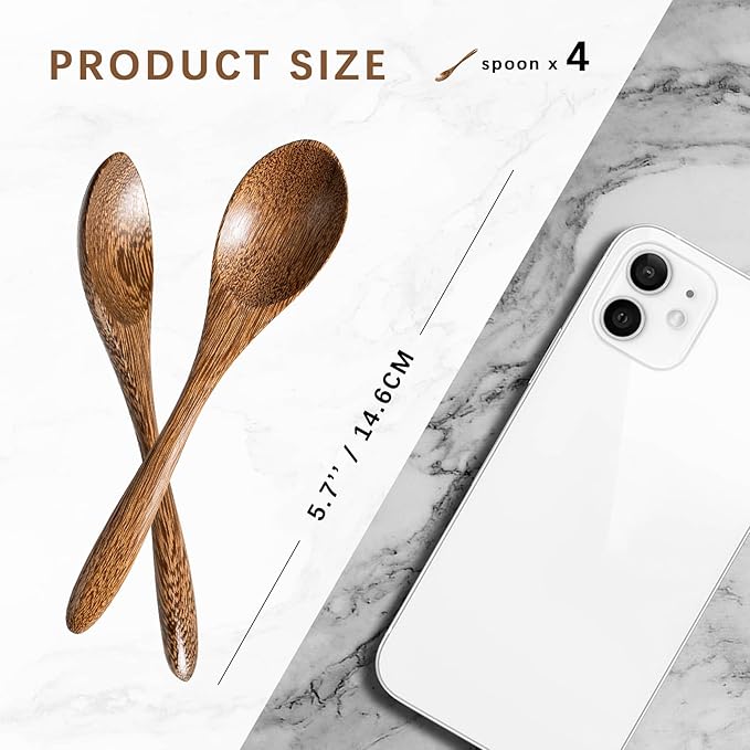 4 PCS Small Wooden Spoons, 5.8 Inch Honey Spoons for Tea, Padauk Wooden Honey Teaspoon for Coffee, Little Tiny Wood Spoons, Bamboo Table Spoon for stirring, Wooden Spoons for Utensils Set