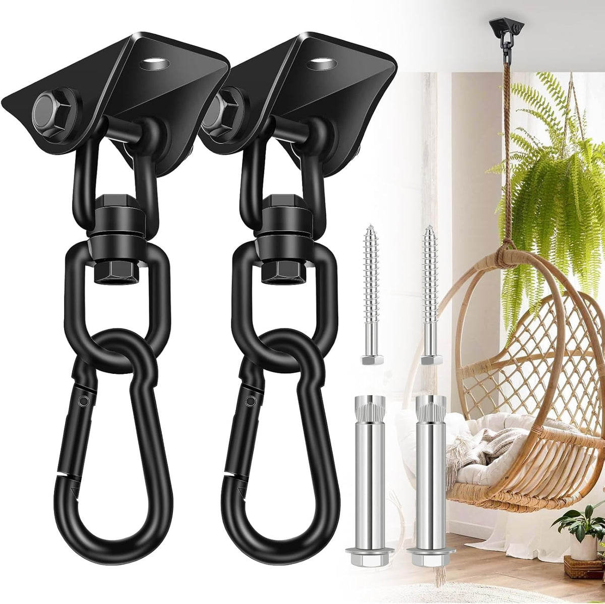 Hammock Hanging Kit 2 Pack, Porch Swing Hanging Kit 1200 Lb Capacity, Hammock Ceiling Hooks Heavy Duty 360°Rotating Hanging Swing Chair Hardware for Hammock Chair Stand, Porch, Yoga, Gym