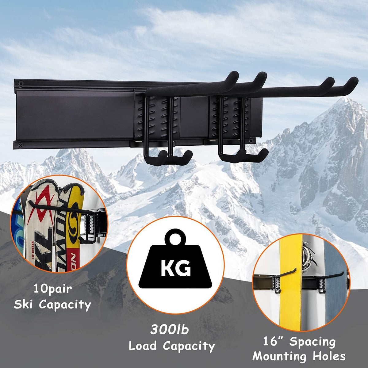 Ultrawall 24-Inch Wall Mounted Ski Rack, Holds Up to 300lbs, Powder-Coated Steel with Rubber Coating, Customizable Spacing, Easy Installation
