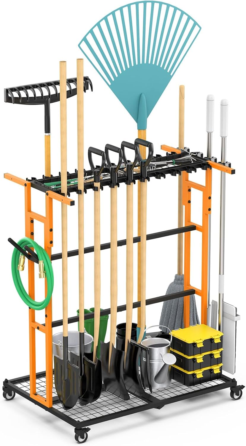CCCEI Garage Organization with Wheels, Outdoor Gargen Yard Shed Tools Organizer Cart, Home Storage for Cleaning Supplies, Broom Holder, for Shovel and Rake, Long Farming and Farming Tools, Orange.