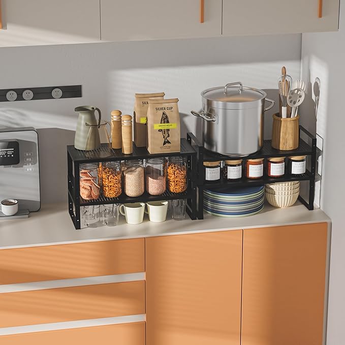 Expandable,Adjustable & Stackable Spice Rack, Cabinet Kitchen Countertop Shelf Organizer,Metal Pantry Storage Shelves - Space-Saving Storage Solution(2Packs/Black/Medium)