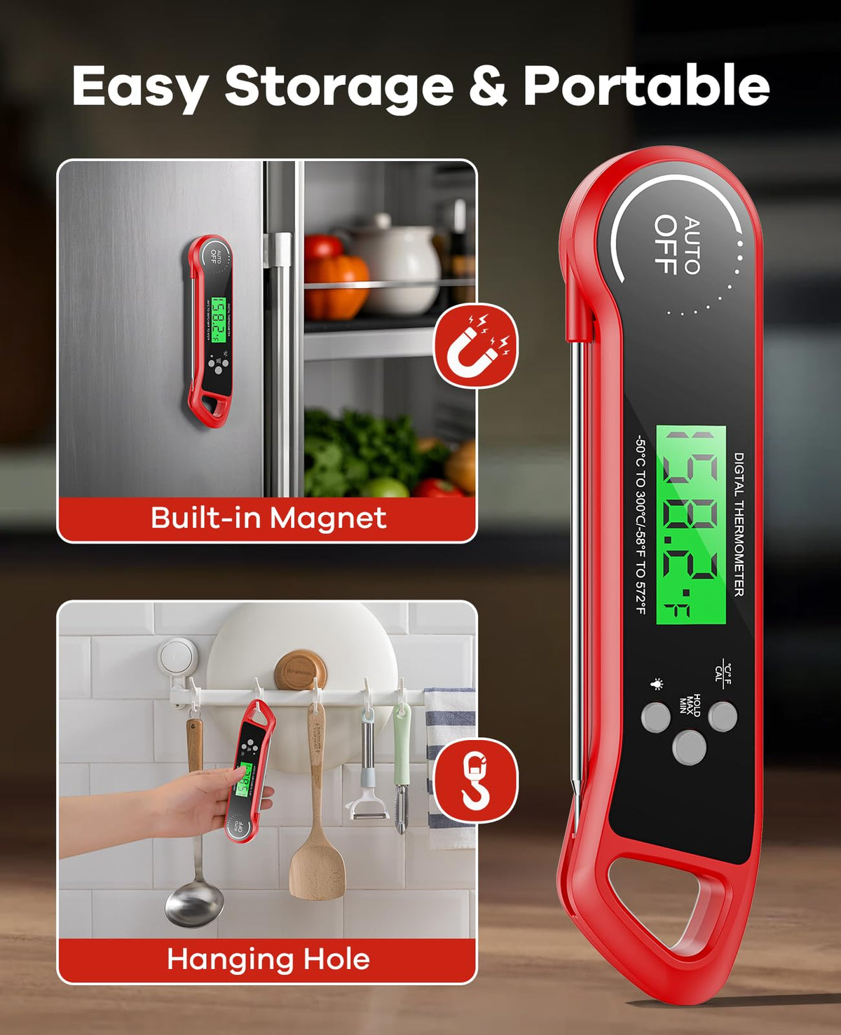 SILVLF Meat Thermometer Digital, Instant Read Thermometer with Backlight, Calibration & Hold Function, Waterproof Food Thermometer for Kitchen and Outside, BBQ, Turkey, Candy, Liquids, Beef (Red)