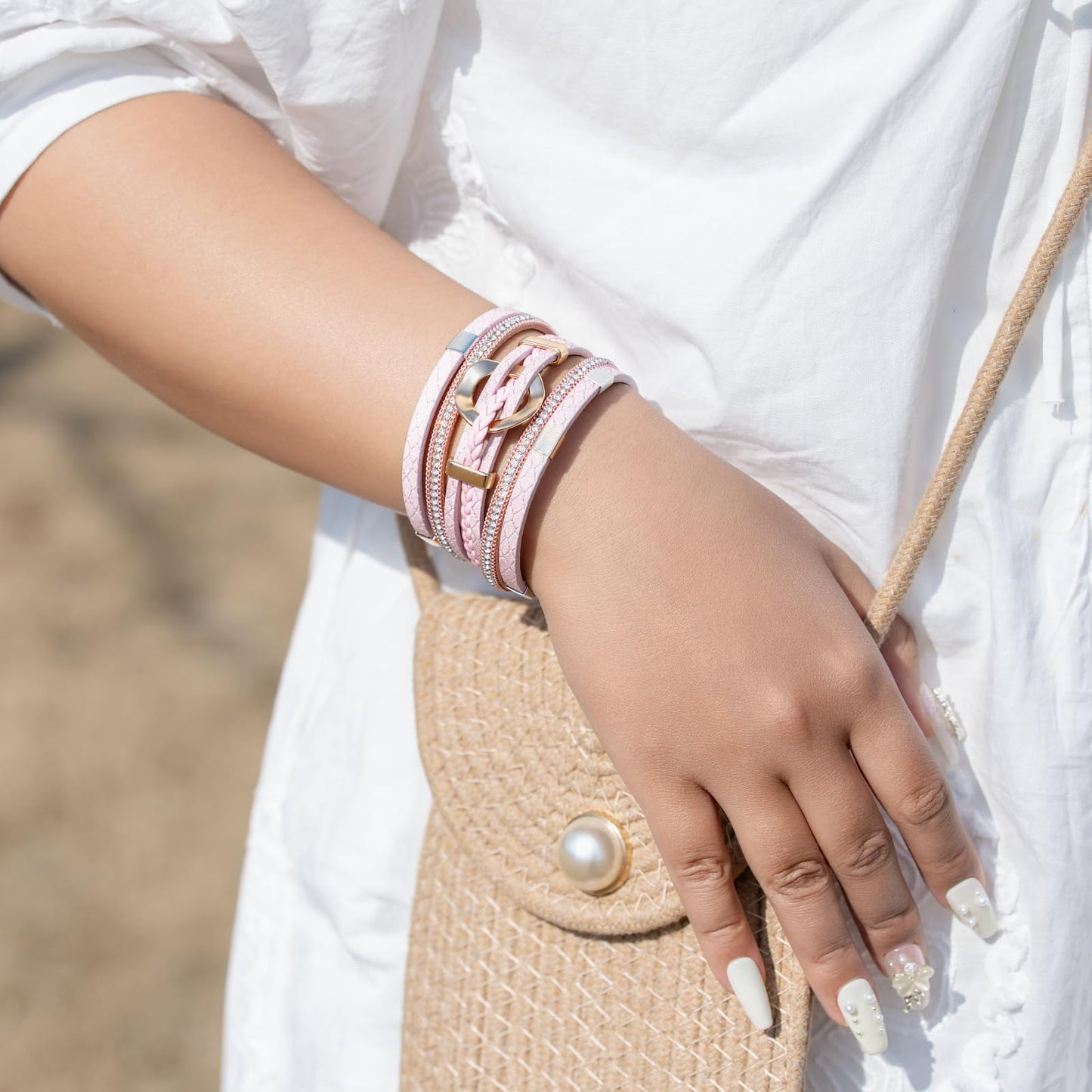 FANCY SHINY Boho Leather Wrap Bracelets Circle Square Bead Braided Handmade Stackable Bracelet Trendy Cuff Bangle for Women(Pink)