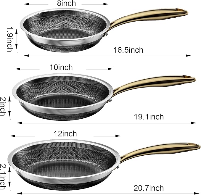 FogDream 8, 10, 12" Stainless Steel Frying Pan, Honeycomb Hybrid Nonstick Skillet for Induction & All Cooktops, PFAS/PFOA/PTFE Free, Oven Safe to 500°F, Stay-Cool Handle, Dishwasher Safe, Gold