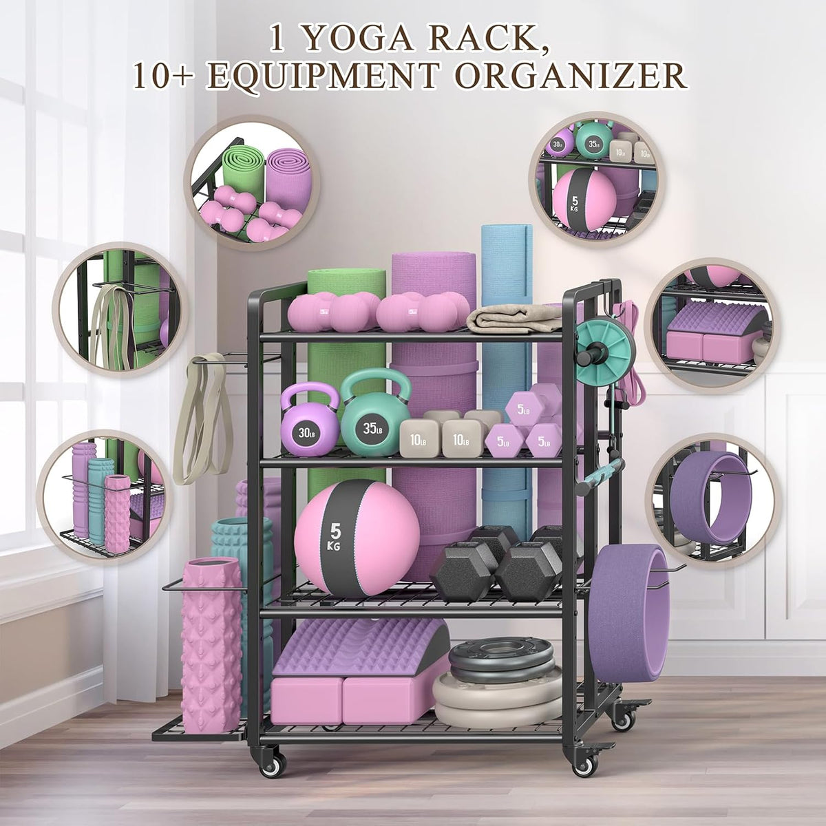 4-Tier Dumbbell Rack Stand Only, Adjustable Weight Rack for Dumbbells Kettlebells Yoga Mat, Home Gym Storage Rack with Wheels and Hooks, Powder Coated Finish