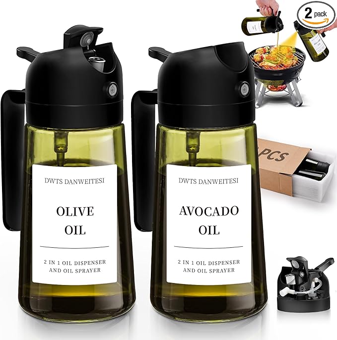 DWTS DANWEITESI Oil Sprayer for Cooking 2pcs,2 in 1 Oil Dispenser and Oil Sprayer Kitchen Gadgets,16oz Dark Green Glass Oil Spray Bottle(Light Blockage),Perfect Kitchen Accessories
