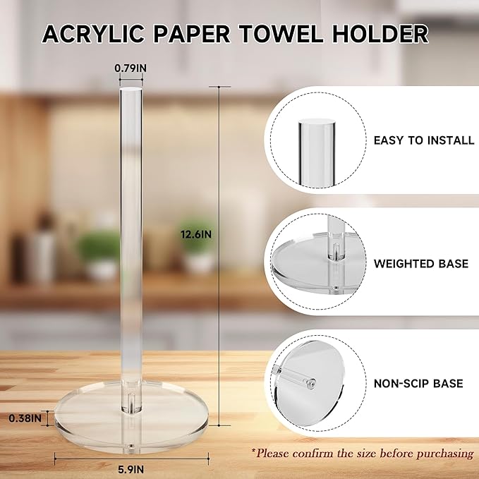 WORHE Paper Towel Holder Countertop Clear Acrylic 5.9" Diameter Thickening Sturdy Base,for Kitchen Bathroom, Paper Towel Dispenser for Tear Tissue Roll 1 Pack (YGC001)