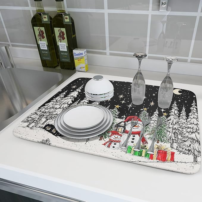 Winter Snowman Dish Drying Mat 24 X 18 in Black Microfiber Dish Pad Absorbent Holiday Kitchen Accessories
