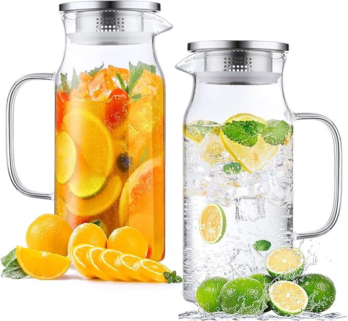 Bivvclaz 2 Pack 1.2 Liter 40 oz Small Glass Pitcher with Lid and Handle, Glass Carafe Water Pitcher for Hot/Cold Water, Iced Tea, Drinks, Coffee, Juice and Homemade Beverage