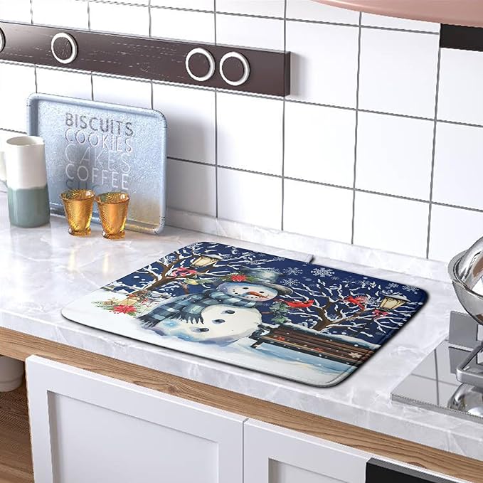 Winter Snowman Dish Drying Mat for Kitchen Counter 18x24, Xmas Snowflakes Dish Drainer Mat Snowy Night Drying Kitchen Mats Cardinal Birld Dish Pad Absorbent Reversible Coffee Mats for Dishes